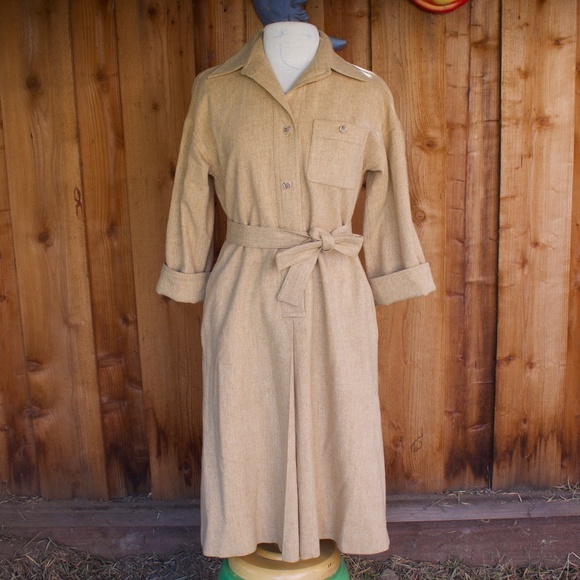 Vintage Handmade 100% Wool Button Down Oatmeal Belted Midi Shirt Dress Size S - Picture 1 of 16